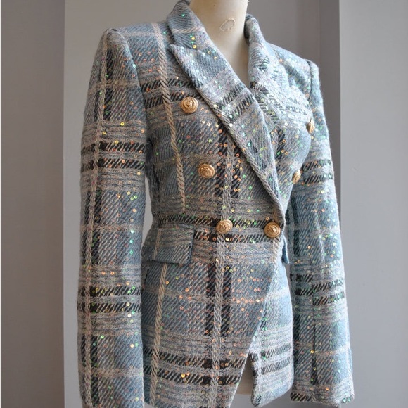Baby Blue Tweed Sequin Blazer Balmain Blazer Inspired - Picture 4 of 4